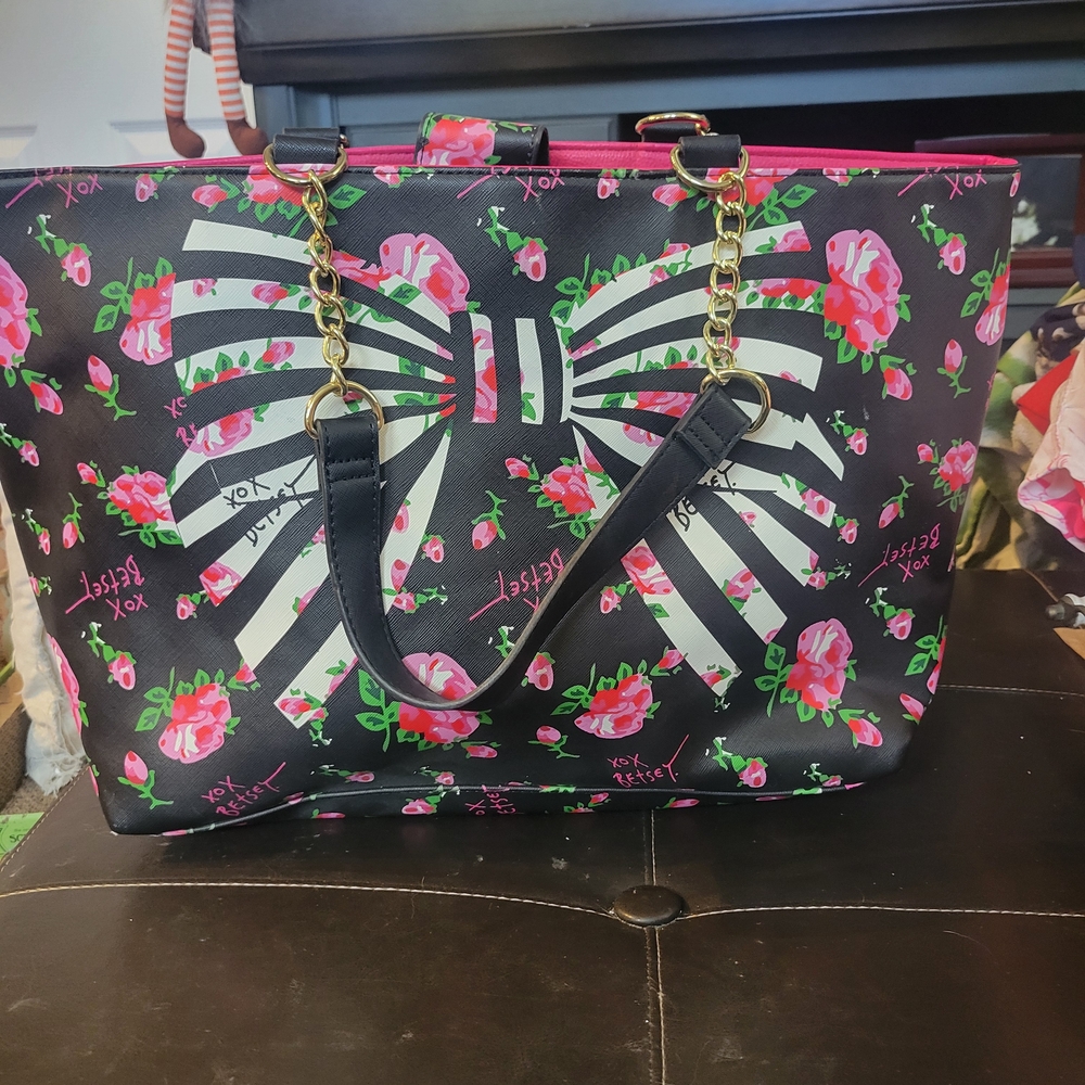 Betsey Johnson Black Floral Tote with Gold Accents